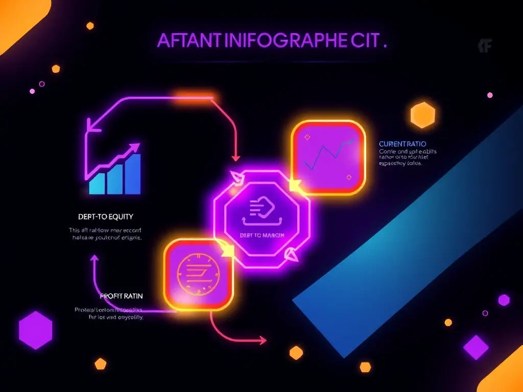 A modern infographic visually explaining key financial ratios for small businesses, such as profit margin, debt-to-equity, and current ratio, with icons and concise descriptions.