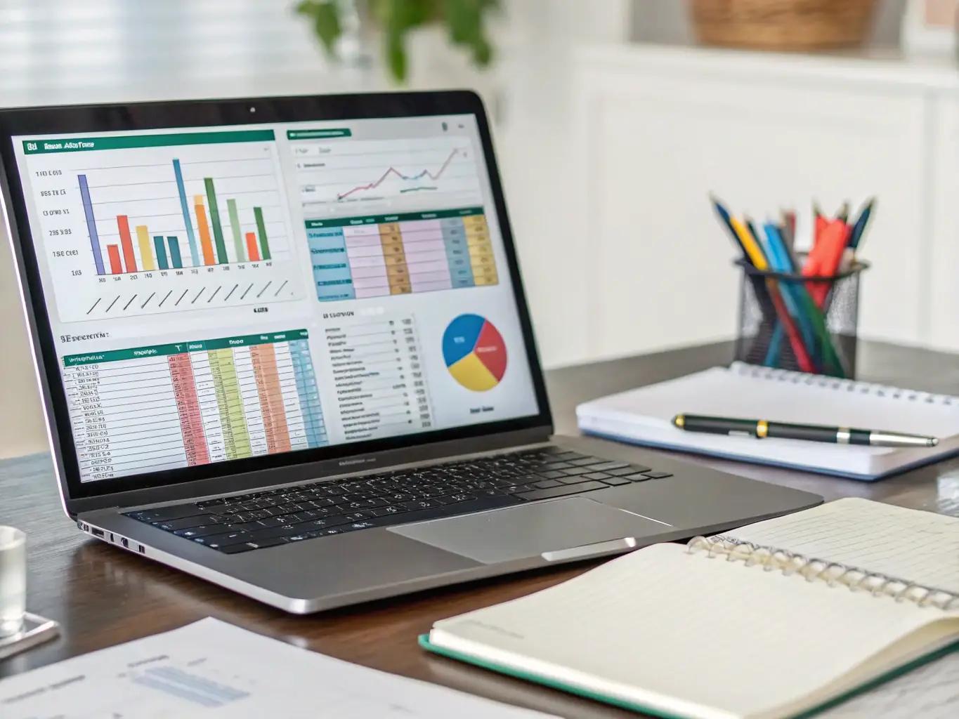 A professional-looking Excel spreadsheet template designed for small business budgeting, displayed on a laptop screen with charts and graphs visible, surrounded by office supplies.