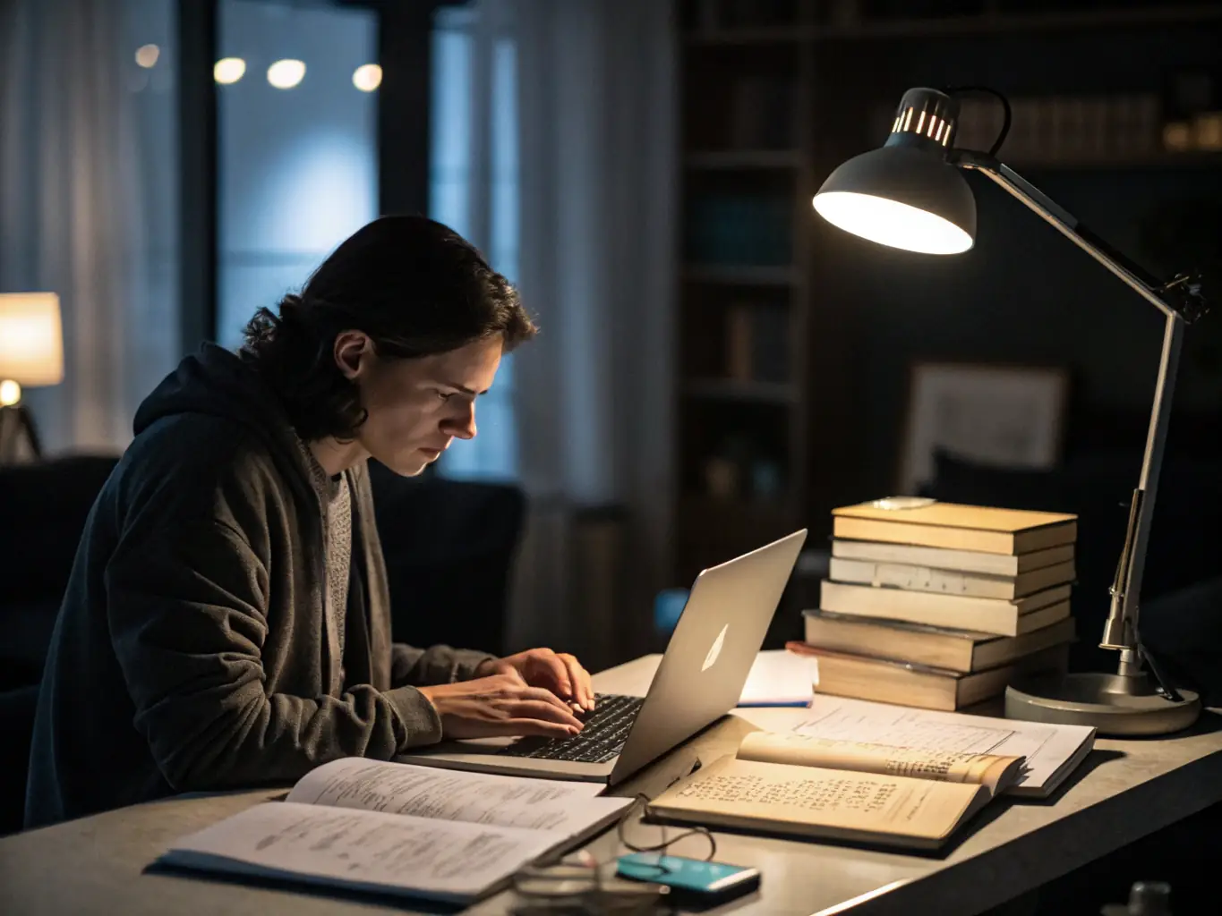 A business owner reviewing financial reports at a modern desk, sunlight streaming through the window, symbolizing financial planning and analysis.