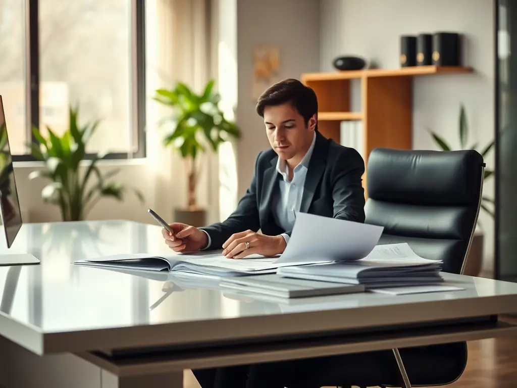A professional working on tax planning documents, with a calculator and financial statements visible, in a well-lit and organized office setting.